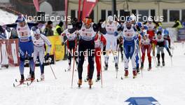 17.02.2008, Liberec, Czech Republic (CZE): men's start: l-r:  Andrey Parfenov (RUS),Torin Koos (USA), Kalle Lassila (FIN)  - FIS world cup cross-country,team sprint, Liberec (CZE). www.nordicfocus.com. c Felgenhauer/NordicFocus. Every downloaded picture is fee-liable.