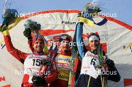 23.02.2008, Falun, Sweden (SWE): l-r: Tord Asle Gjerdalen (NOR), Lukas Bauer (CZE), Anders Soedergren (SWE) - FIS world cup cross-country, pursuit men, Falun (SWE). www.nordicfocus.com. c Manzoni/NordicFocus. Every downloaded picture is fee-liable.