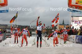 27.02.2008, Stockholm, Sweden (SWE): l-r: Jon Kristian Dahl (NOR), Boerre Naess (NOR), Cyril Miranda (FRA), Eldar Roenning (NOR), Ola Vigen Hattestad (NOR) - FIS world cup cross-country, individual sprint, Stockholm (SWE). www.nordicfocus.com. c Manzoni/NordicFocus. Every downloaded picture is fee-liable.