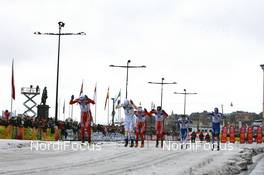 27.02.2008, Stockholm, Sweden (SWE): l-r: Ola Vigen Hattestad (NOR), Mats Larsson (SWE), Oystein Pettersen (NOR), Anders Gloersen (NOR), Sami Jauhojaervi (FIN), Vassili Rotchev (RUS) - FIS world cup cross-country, individual sprint, Stockholm (SWE). www.nordicfocus.com. c Manzoni/NordicFocus. Every downloaded picture is fee-liable.