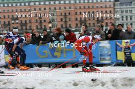 27.02.2008, Stockholm, Sweden (SWE): Jon Kristian Dahl (NOR) leads Torin Koos (USA) and Cyril Miranda (FRA) - FIS world cup cross-country, individual sprint, Stockholm (SWE). www.nordicfocus.com. c Manzoni/NordicFocus. Every downloaded picture is fee-liable.