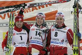 01.03.2008, Lahti, Finland (FIN): l-r: Andrew Newell (USA), Anders Gloersen (NOR), Ola Vigen Hattestad (NOR) - FIS world cup cross-country, individual sprint, Lahti (FIN). www.nordicfocus.com. c Furtner/NordicFocus. Every downloaded picture is fee-liable.