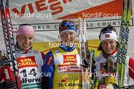 15.03.2008, Bormio, Italy (ITA): l-r: Justyna Kowalczyk (POL), Virpi Kuitunen (FIN), Marit Bjoergen (NOR)  - FIS world cup cross-country, 10km mass women, Bormio (ITA). www.nordicfocus.com. c Felgenhauer/NordicFocus. Every downloaded picture is fee-liable.