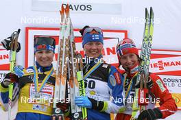 13.12.2008, Davos, Switzerland (SUI): l-r: Aino Kaisa Saarinen (FIN), Rossignol, Rottefella, One Way, Virpi Kuitunen (FIN), Rossignol, Rottefella, One Way, Marit Bjoergen (NOR), Fischer, Rottefella, Swix - FIS world cup cross-country, 10km women, Davos (SUI). www.nordicfocus.com. © Manzoni/NordicFocus. Every downloaded picture is fee-liable.