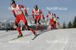 26.01.2008, Seefeld, Austria (AUT): l-r: Bernhard Gruber (AUT), David Zauner (AUT), Petter Tande (NOR) , Ronny Ackermann (GER) - FIS world cup nordic combined, sprint, Seefeld (AUT). www.nordicfocus.com. c Furtner/NordicFocus. Every downloaded picture is fee-liable.