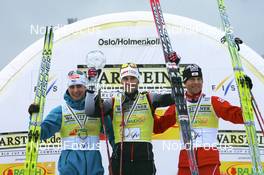 09.03.2008, Holmenkollen, Norway (NOR): winner spring world cup - l-r: Jason Lamy-Chappuis (FRA), Ronny Ackermann (GER) Bernhard Gruber (AUT) - FIS world cup nordic combined, sprint, Holmenkollen (NOR). www.nordicfocus.com. c Manzoni/NordicFocus. Every downloaded picture is fee-liable.