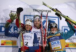06.12.2008, Trondheim, Norway (NOR): winner  fltr: Jason Lamy-Chappuis (FRA), Fischer, Rottefella , Magnus Moan (NOR), Madshus, Rottefella, Anssi Koivuranta (FIN), Fischer, Rottefella - FIS world cup nordic combined, individual gundersen HS131/10km, Trondheim (NOR). www.nordicfocus.com. © Furtner/NordicFocus. Every downloaded picture is fee-liable.