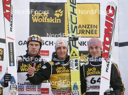 01.01.2008, Garmisch, Germany (GER): podium l-r: Janne Ahonen (FIN), Gregor Schlierenzauer (AUT), Michael Neumayer (GER) - FIS world cup ski jumping, four hills tournament, individual HS138, Garmisch (GER). www.nordicfocus.com. c Furtner/NordicFocus. Every downloaded picture is fee-liable.