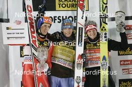 06.01.2008, Bischofshofen, Austria (AUT): winner Bischofshofen l-r: Anders Bardal (NOR), Janne Ahonen (FIN), Thomas Morgenstern (AUT)  - FIS world cup ski jumping, four hills tournament, individual HS140, Bischofshofen (AUT). www.nordicfocus.com. c Furtner/NordicFocus. Every downloaded picture is fee-liable.