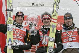 16.03.2008, Planica, Slovakia (SLO): l-r: Gregor Schlierenzauer (AUT), Thomas Morgenstern (AUT), Janne Ahonen (FIN) - FIS world ski jumping, individual HS215, Planica (SLO). www.nordicfocus.com. c Furtner/NordicFocus. Every downloaded picture is fee-liable.