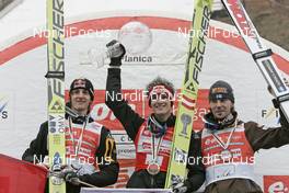 16.03.2008, Planica, Slovakia (SLO): l-r: Gregor Schlierenzauer (AUT), Thomas Morgenstern (AUT), Janne Ahonen (FIN) - FIS world ski jumping, individual HS215, Planica (SLO). www.nordicfocus.com. c Furtner/NordicFocus. Every downloaded picture is fee-liable.