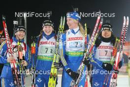 14.01.2009, Ruhpolding, Germany (GER): l-r: Anna Carin Olofsson-Zidek (SWE), Madshus, Rottefella, Alpina, Leki, adidas, Helena Jonsson (SWE), Fischer, Rottefella, Leki, adidas, Anna Maria Nilsson (SWE), Madshus, Rottefella, Leki, adidas, Sofia Domeij (SWE), Atomic, Leki, adidas - IBU world cup biathlon, relay women, Ruhpolding (GER). www.nordicfocus.com. © Manzoni/NordicFocus. Every downloaded picture is fee-liable.