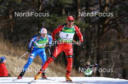 17.02.2009, Pyeong Chang, Korea (KOR): Matthias Simmen (SUI), Rossignol, Rottefella, Exel, adidas and Maxim Tchoudov (RUS), Madshus, Rottefella, adidas - IBU world championships biathlon, individual men, Pyeong Chang (KOR). www.nordicfocus.com. © Manzoni/NordicFocus. Every downloaded picture is fee-liable.