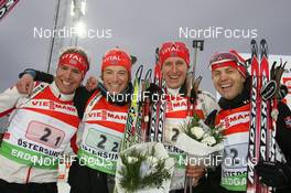 06.12.2009, Oestersund, Sweden (SWE): Emil Hegle Svendsen (NOR), Madshus, Rottefella, Swix, Odlo, Alexander Os (NOR), Fischer, Rottefella, Swix, Odlo, Lars Berger (NOR), Madshus, Rottefella, Odlo, Ole Einar Bjoerndalen (NOR), Madshus, Rottefella, Odlo - IBU world cup biathlon, relay men, Oestersund (SWE). www.nordicfocus.com. © Manzoni/NordicFocus. Every downloaded picture is fee-liable.