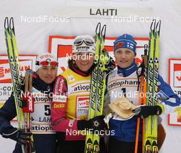 07.03.2009, Lahti, Finland (FIN): podium, l-r Arianna Follis (ITA), Fischer, Salomon, Swix, Petra Majdic (SLO), Fischer, Rottefella, Alpina, One Way, Pirjo Muranen (FIN), Fischer, Rottefella, Exel  - FIS world cup cross-country, individual sprint, Lahti (FIN). www.nordicfocus.com. © Hemmersbach/NordicFocus. Every downloaded picture is fee-liable.