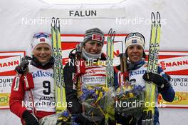 22.03.2009, Falun, Sweden (SWE): l-r:  Therese Johaug (NOR), Fischer, Salomon, Swix, Justyna Kowalczyk (POL), Fischer, Salomon, Swix, Charlotte Kalla (SWE), Fischer, Salomon, Swix, Craft  - FIS world cup cross-country, 10km women handicap start, Falun (SWE). www.nordicfocus.com. © Felgenhauer/NordicFocus. Every downloaded picture is fee-liable.