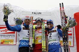 22.03.2009, Falun, Sweden (SWE): l-r: Vincent Vittoz (FRA), Rossignol, Rottefella, One Way, Odlo, Dario Cologna (SUI), Fischer, Rottefella, Alpina, Swix, adidas, Alexander Legkov (RUS), Madshus, Rottefella, Swix, adidas  - FIS world cup cross-country, 15km men handicap start, Falun (SWE). www.nordicfocus.com. © Felgenhauer/NordicFocus. Every downloaded picture is fee-liable.