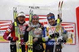 20.03.2009, Falun, Sweden (SWE):  Petra Majdic (SLO), Fischer, Rottefella, Alpina, One Way, Justyna Kowalczyk (POL), Fischer, Salomon, Swix, Aino Kaisa Saarinen (FIN), Rossignol, Rottefella, One Way  - FIS world cup cross-country, cups, Falun (SWE). www.nordicfocus.com. © Felgenhauer/NordicFocus. Every downloaded picture is fee-liable.