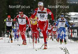 21.03.2009, Falun, Sweden (SWE): l-r:  Tobias Angerer (GER), Rossignol, Rottefella, One Way, adidas, Dario Cologna (SUI), Fischer, Rottefella, Alpina, Swix, adidas, Roger Aa Djupvik (NOR), Fischer, Sami Jauhojaervi (FIN), Fischer, Rottefella, Swix  - FIS world cup cross-country, pursuit men, Falun (SWE). www.nordicfocus.com. © Felgenhauer/NordicFocus. Every downloaded picture is fee-liable.