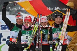 26.02.2009, Liberec, Czech Republic (CZE): group, german team, l-r Claudia Nystad (GER), Atomic, Leki, adidas, Toko, Miriam Goessner (GER), Fischer, Salomon, Evi Sachenbacher Stehle (GER), Madshus, Rottefella, Leki, adidas, Katrin Zeller (GER), Rossignol, Rottefella, One Way, adidas  - FIS nordic world ski championships, cross-country, 4x5km women, Liberec (CZE). www.nordicfocus.com. © Hemmersbach/NordicFocus. Every downloaded picture is fee-liable.