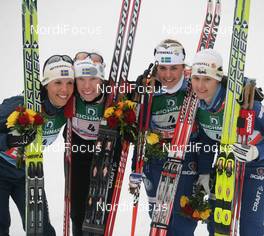 26.02.2009, Liberec, Czech Republic (CZE): group, swedish team, l-r Charlotte Kalla (SWE), Fischer, Salomon, Swix, Craft, Lina Andersson (SWE), Madshus, Rottefella, Anna Haag (SWE), Atomic, Exel, Britta Norgren (SWE), Fischer, Rottefella, Swix, Craft  - FIS nordic world ski championships, cross-country, 4x5km women, Liberec (CZE). www.nordicfocus.com. © Domanski/NordicFocus. Every downloaded picture is fee-liable.