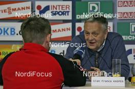 18.02.2009, Liberec, Czech Republic (CZE): GIAN FRANCO KASPER (SUI), president of the FIS, interview ARD radio - FIS nordic world ski championships, FIS opening press conference, Liberec (CZE). www.nordicfocus.com. © Hemmersbach/NordicFocus. Every downloaded picture is fee-liable.