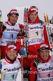 22.11.2009, Beitostoelen, Norway (NOR): Petter Northug (NOR), Fischer, Rottefella, Alpina, Ski Go, Swix , Ronny Andre Hafsaas (NOR), Madshus, Rottefella, Swix, Martin Johnsrud Sundby (NOR), Fischer, Rottefella, Alpina, Swix, Eldar Roenning (NOR), Rossignol, Rottefella, Swix- FIS world cup cross country, 4x10km men, Beitostoelen (NOR). www.nordicfocus.com. © NordicFocus. Every downloaded picture is fee-liable.