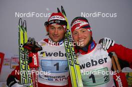 22.11.2009, Beitostoelen, Norway (NOR): Petter Northug (NOR), Fischer, Rottefella, Alpina, Ski Go, Swix , Martin Johnsrud Sundby (NOR), Fischer, Rottefella, Alpina, Swix- FIS world cup cross country, 4x10km men, Beitostoelen (NOR). www.nordicfocus.com. © NordicFocus. Every downloaded picture is fee-liable.