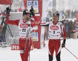 08.02.2009, Seefeld, Austria (AUT): l-r: Magnus Moan (NOR), Madshus, Rottefella, Mario Stecher (AUT), Fischer, Rottefella - FIS world cup nordic combined, individual gundersen HS100/10km, Seefeld (AUT). www.nordicfocus.com. © Furtner/NordicFocus. Every downloaded picture is fee-liable.