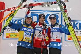 06.03.2009, Lahti, Finland (FIN): podium, l-r Anssi Koivuranta (FIN), Fischer, Rottefella, Exel, Bill Demong (USA), Atomic, Jason Lamy-Chappuis (FRA), Fischer, Rottefella  - FIS world cup nordic combined, individual gundersen HS130/10km, Lahti (FIN). www.nordicfocus.com. © Hemmersbach/NordicFocus. Every downloaded picture is fee-liable.