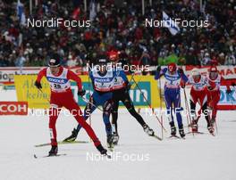 07.03.2009, Lahti, Finland (FIN): group, l-r Magnus Moan (NOR), Madshus, Rottefella , Jason Lamy-Chappuis (FRA), Fischer, Rottefella , Eric Frenzel (GER), Fischer, Salomon, adidas, Pavel Churavy (CZE), Atomic, Christoph Bieler (AUT), Atomic, Leki  - FIS world cup nordic combined, individual gundersen HS130/10km, Lahti (FIN). www.nordicfocus.com. © Hemmersbach/NordicFocus. Every downloaded picture is fee-liable.