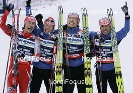 26.02.2009, Liberec, Czech Republic (CZE): winner team JAP l-r: Norihito Kobayashi (JPN), Madshus, Rottefella, Taihei Kato (JPN), Fischer, Yusuke Minato (JPN), Fischer, Rottefella, Akito Watabe (JPN), Fischer, Rottefella- FIS nordic world ski championships, nordic combined, team HS134/4x5km, Liberec (CZE). www.nordicfocus.com. © Furtner/NordicFocus. Every downloaded picture is fee-liable.