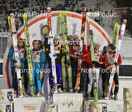 07.03.2009, Lahti, Finland (FIN): podium, l-r team Finland, team Austria, team Norway - FIS world cup ski jumping, team HS130, Lahti (FIN). www.nordicfocus.com. © Hemmersbach/NordicFocus. Every downloaded picture is fee-liable.