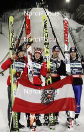 28.02.2009, Liberec, Czech Republic (CZE): l-r: team Austria - Gregor Schlierenzauer (AUT), Fischer, Thomas Morgenstern (AUT), Atomic, Martin Koch (AUT), Fischer, Wolfgang Loitzl (AUT), Atomic - FIS nordic world ski championships, ski jumping, team HS134, Liberec (CZE). www.nordicfocus.com. © Furtner/NordicFocus. Every downloaded picture is fee-liable.