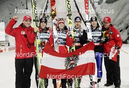 28.02.2009, Liberec, Czech Republic (CZE): l-r: Marc Noelke, Gregor Schlierenzauer (AUT), Fischer, Thomas Morgenstern (AUT), Atomic, Martin Koch (AUT), Fischer, Wolfgang Loitzl (AUT), Atomic,  Alex Pointner- FIS nordic world ski championships, ski jumping, team HS134, Liberec (CZE). www.nordicfocus.com. © Furtner/NordicFocus. Every downloaded picture is fee-liable.