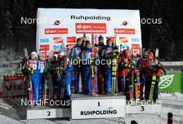 15.01.2010, Ruhpolding, Germany (GER): l-r: Russia, Sweden, Norway - IBU world cup biathlon, relay women, Ruhpolding (GER). www.nordicfocus.com. © Felgenhauer/NordicFocus. Every downloaded picture is fee-liable.