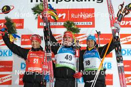 14.01.2010, Ruhpolding, Germany (GER): l-r: Ole Einar Bjoerndalen (NOR), Madshus, Rottefella, Odlo, Emil Hegle Svendsen (NOR), Madshus, Rottefella, Odlo, Michael Greis (GER), Madshus, Rottefella, Exel, adidas  - IBU world cup biathlon, sprint men, Ruhpolding (GER). www.nordicfocus.com. © Felgenhauer/NordicFocus. Every downloaded picture is fee-liable.