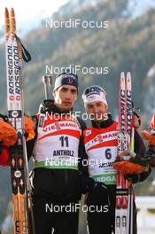 23.01.2010, Antholz, Italy (ITA): (l-r) Martin Fourcade (FRA), Rossignol, Rottefella, Odlo and Vincent Defrasne (FRA), Atomic, Rottefella, One Way, Odlo - IBU world cup biathlon, sprint men, Antholz (ITA). www.nordicfocus.com. © Manzoni/NordicFocus. Every downloaded picture is fee-liable.