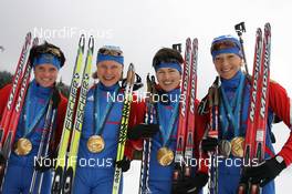 25.02.2010, Whistler, Canada (CAN): Team Russia with (L-R) Svetlana Sleptsova (RUS), Madshus, Rottefella, Alpina, Swix, adidas, Anna Bogaly-Titovets (RUS), Fischer, Olga Medvedtseva (RUS), Madshus, Rottefella, adidas, Olga Zaitseva (RUS), Madshus, Rottefella, Alpina, Swix, adidas - Olympic Winter Games Vancouver 2010, biathlon, medals, Whistler (CAN). www.nordicfocus.com. © NordicFocus. Every downloaded picture is fee-liable.