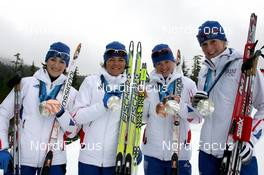 25.02.2010, Whistler, Canada (CAN): Team France with (L-R) Marie Laure Brunet (FRA), Rossignol, Rottefella, Swix, Odlo, Sylvie Becaert (FRA), Fischer, Rottefella, Exel, Odlo, Marie Dorin (FRA), Rossignol, Rottefella, Exel, Odlo, Sandrine Bailly (FRA), Madshus, Rottefella, Swix, Odlo - Olympic Winter Games Vancouver 2010, biathlon, medals, Whistler (CAN). www.nordicfocus.com. © NordicFocus. Every downloaded picture is fee-liable.