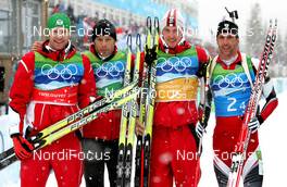 26.02.2010, Whistler, Canada (CAN): Group l-r: Simon Eder (AUT), Fischer, Rottefella, Daniel Mesotitsch (AUT), Fischer, Rottefella, Dominik Landertinger (AUT), Fischer, Rottefella, Christoph Sumann (AUT), Atomic, Leki - Olympic Winter Games Vancouver 2010, biathlon, relay men, Whistler (CAN). www.nordicfocus.com. © NordicFocus. Every downloaded picture is fee-liable.
