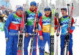 23.02.2010, Whistler, Canada (CAN): Group l-r: Ivan Tcherezov (RUS), Madshus, Rottefella, Exel, adidas, Anton Shipulin (RUS), Madshus, Rottefella, adidas, Maxim Tchoudov (RUS), Fischer, Salomon, adidas, Evgeny Ustyugov (RUS), Madshus, Swix, adidas - Olympic Winter Games Vancouver 2010, biathlon, relay men, Whistler (CAN). www.nordicfocus.com. © NordicFocus. Every downloaded picture is fee-liable.