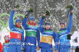 26.02.2010, Whistler, Canada (CAN): (l-r), Ivan Tcherezov (RUS), Madshus, Rottefella, Swix, adidas, Anton Shipulin (RUS), Madshus, Rottefella, adidas, Ivan Tcherezov (RUS), Madshus, Rottefella, Swix, adidas, Evgeny Ustyugov (RUS), Madshus, Rottefella, Swix, adidas - Olympic Winter Games Vancouver 2010, biathlon, relay men, Whistler (CAN). www.nordicfocus.com. © NordicFocus. Every downloaded picture is fee-liable.