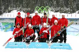26.02.2010, Whistler, Canada (CAN): (l-r) Jean Paquet (CAN), head coach men Canada, Jean Philippe Leguellec (CAN), Rossignol, Rottefella, Exel, Brendan Green (CAN), Madshus, Rottefella, Leki, Marc-Andre Bedard (CAN), Fischer, Rottefella, Swix, Robin Clegg (CAN), Rossignol, Rottefella, Leki, Geret Coyne (CAN), headcoach team Canada, Zina Kocher (CAN), Atomic, Leki, Odlo, Megan Imrie (CAN), Salomon, Leki, Megan Tandy (CAN), Madshus, Rottefella, Leki, Rosanna Crawford (CAN), Salomon, Leki - Olympic Winter Games Vancouver 2010, biathlon, training, Whistler (CAN). www.nordicfocus.com. © NordicFocus. Every downloaded picture is fee-liable.