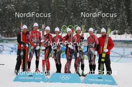 26.02.2010, Whistler, Canada (CAN): (l-r), Jean Philippe Leguellec (CAN), Rossignol, Rottefella, Exel, Brendan Green (CAN), Madshus, Rottefella, Leki, Zina Kocher (CAN), Atomic, Leki, Odlo, Megan Imrie (CAN), Salomon, Leki, Megan Tandy (CAN), Madshus, Rottefella, Leki, Rosanna Crawford (CAN), Salomon, Leki, Robin Clegg (CAN), Rossignol, Rottefella, Leki, Marc-Andre Bedard (CAN), Fischer, Rottefella, Swix - Olympic Winter Games Vancouver 2010, biathlon, training, Whistler (CAN). www.nordicfocus.com. © NordicFocus. Every downloaded picture is fee-liable.