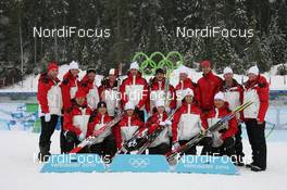 26.02.2010, Whistler, Canada (CAN): Team Canada with Tom Zidec (CAN), Husband of Anna Carin Olofsson (SWE) and team staff Canada, Jean Philippe Leguellec (CAN), Rossignol, Rottefella, Exel, Brendan Green (CAN), Madshus, Rottefella, Leki, Marc-Andre Bedard (CAN), Fischer, Rottefella, Swix, Robin Clegg (CAN), Rossignol, Rottefella, Leki, Jean Paquet (CAN), head coach men Canada, Zina Kocher (CAN), Atomic, Leki, Odlo, Megan Imrie (CAN), Salomon, Leki, Megan Tandy (CAN), Madshus, Rottefella, Leki, Rosanna Crawford (CAN), Salomon, Leki, Geret Coyne (CAN), headcoach team Canada - Olympic Winter Games Vancouver 2010, biathlon, training, Whistler (CAN). www.nordicfocus.com. © NordicFocus. Every downloaded picture is fee-liable.