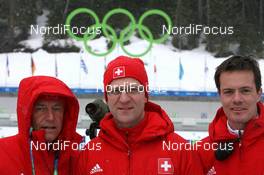 10.02.2010, Whistler, Canada (CAN): Manfred Geyer (GER), headcoach Switzerland, Markus Regli (SUI), head of biathlon Switzerland, Thomas Uhr (SUI), physio therapist Team Switzerland - Olympic Winter Games Vancouver 2010, biathlon, training, Whistler (CAN). www.nordicfocus.com. © NordicFocus. Every downloaded picture is fee-liable.