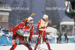 05.12.2010, Oestersund, Sweden (SWE): Ole Einar Bjoerndalen (NOR), Madshus, Rottefella, Odlo, Emil Hegle Svendsen (NOR), Madshus, Rottefella, Swix, Odlo - IBU world cup biathlon, pursuit men, Oestersund (SWE). www.nordicfocus.com. © Manzoni/NordicFocus. Every downloaded picture is fee-liable.