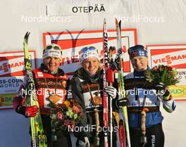 17.01.2010, Otepaeae, Estland (EST): podium, l-r: Petra Majdic (SLO), Fischer, Rottefella, Alpina, One Way, Hanna Falk (SWE), Atomic, Swix, Craft, Aino Kaisa Saarinen (FIN), Rossignol, Rottefella, One Way  - FIS world cup cross-country, individual sprint, Otepaeae (EST). www.nordicfocus.com. © Hemmersbach/NordicFocus. Every downloaded picture is fee-liable.