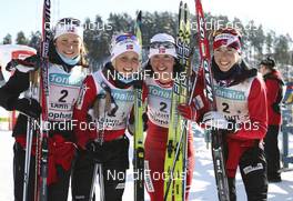 07.03.2010, Lahti, Finland (FIN): Team Norway (NOR), (l-r) Marthe Kristoffersen, Therese Johaug, Marit Bjoergen, Kristin Steira  - FIS world cup cross-country, 4x5km women, Lahti (FIN). www.nordicfocus.com. © Laiho/NordicFocus. Every downloaded picture is fee-liable.